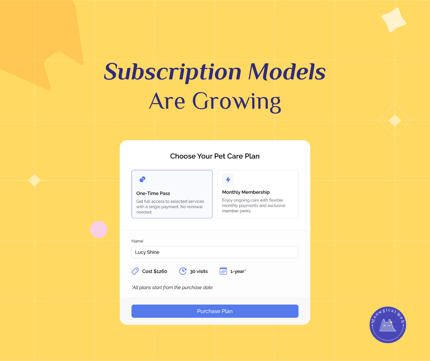Subscription plan selection screen showing one-time pass and monthly membership options for pet care services with pricing details