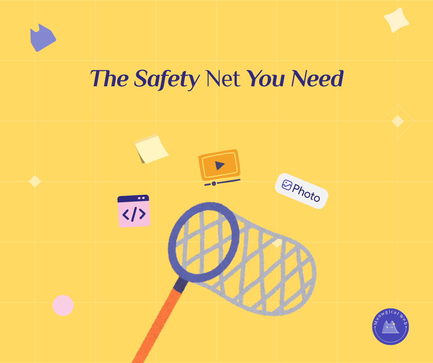 Safety net illustration with website elements like code photos and data representing backup protection for pet business websites