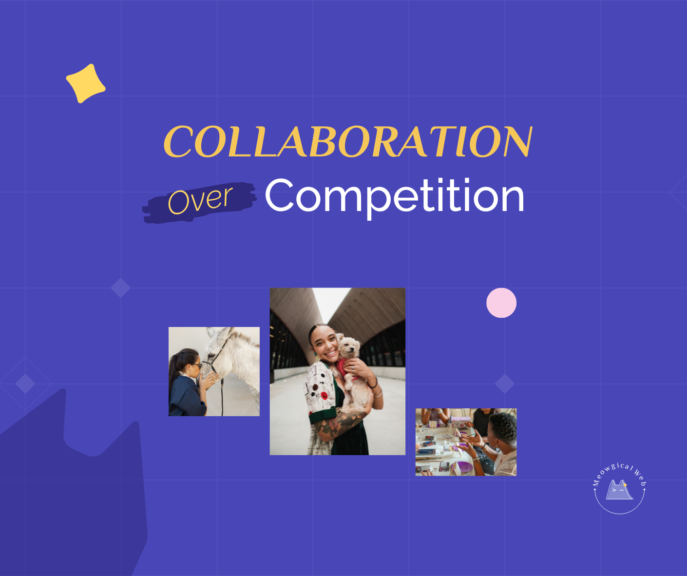 Collaboration over competition graphic showing pet industry professionals including a veterinarian, dog owner, and beauty professional working together